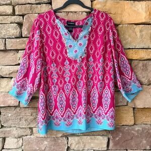 Lane Bryant 14/16 Women Pink Blue Pattern Beaded Tunic Top Blouse Office Coastal